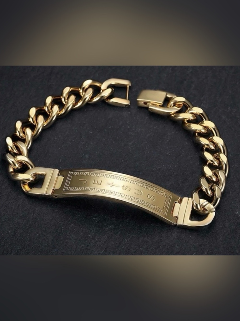 Men's Gold-Tone Stainless Steel Cuban Link "JESUS" ID Plate Bracelet - 8.25"
